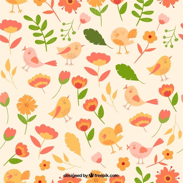 귀여운 꽃과 새 패턴