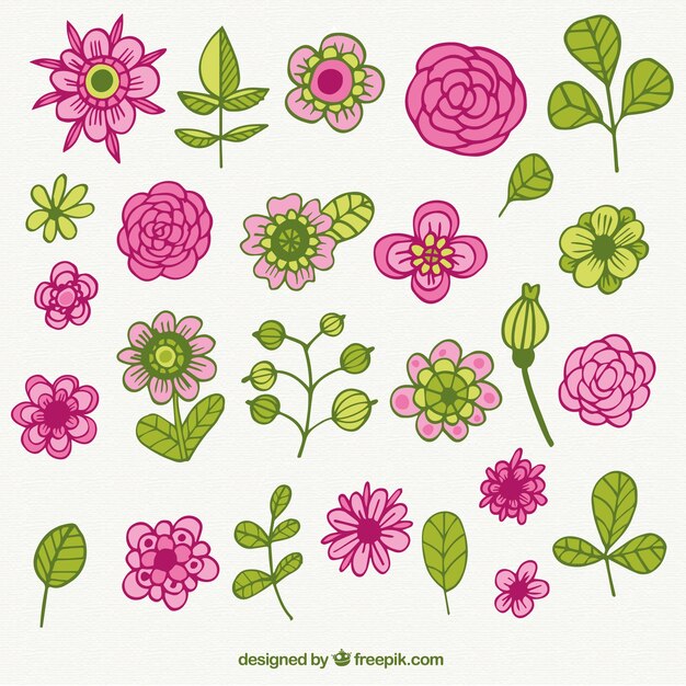 Cute flowers collection in green and pink tones