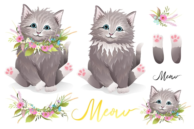 首の周りに花輪 猫の足 花の組成物と頭の肖像画が別々にあるかわいいふわふわの毛皮のような子猫 デザイナーキティクリップアートコレクション 水彩風のリアルな手描きのベクトル プレミアムベクター 首の周りに花輪 猫の足 花の組成物と頭の肖像画が別々にあるかわいいふわふわの毛皮のような子猫 デザイナーキティクリップアートコレクション 水彩風のリアルな手描きのベクトル プレミアムベクター