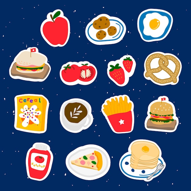 Cute food doodle sticker with a white border set vector