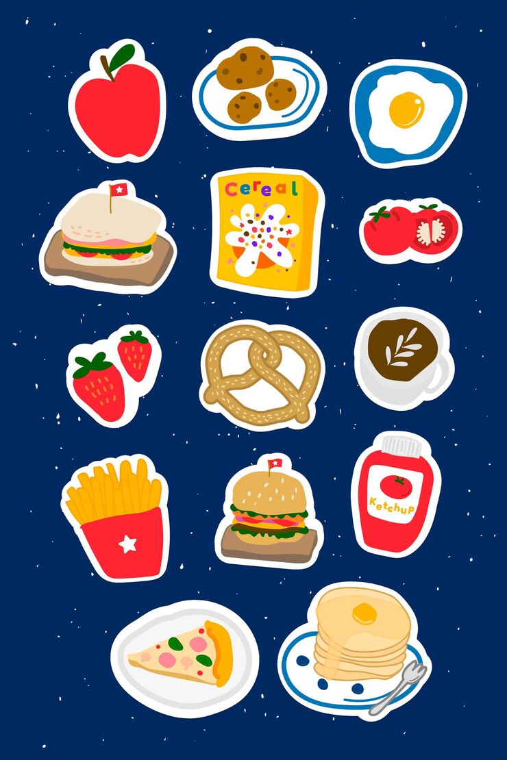 無料Vector 白いボーダーセットベクトルとかわいい食べ物落書きステッカー