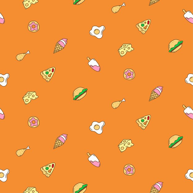 Cute Food Seamless Pattern on Orange Background