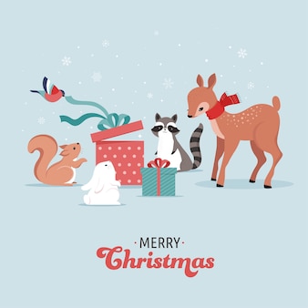 귀여운 숲 동물, 사슴, 토끼, 너구리, 곰, 다람쥐와 겨울 및 크리스마스 장면. 배너, 인사말 카드, 의류 및 라벨 디자인에 적합합니다.