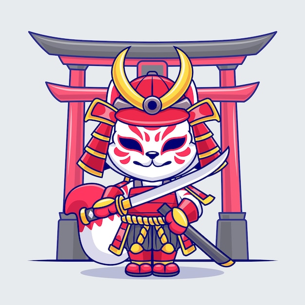 Vettore gratuito cute fox kitsune samurai warrior cartoon icon vector illustrazione animale icon holiday isolato piatto