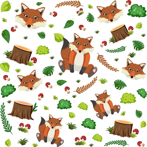 Free vector cute fox seamless pattern