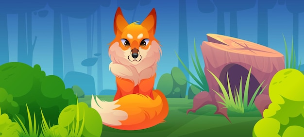 Free vector cute fox and stump with hollow on glade in forest