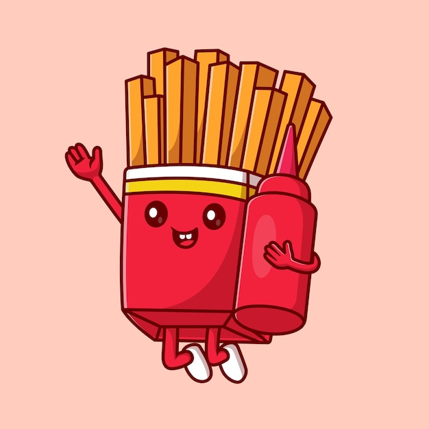 Cute french fries holding ketcup sauce cartoon vector icon illustration food holiday icon isolated