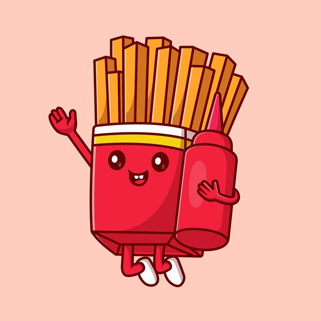 Cute French Fries Holding Ketcup Sauce Cartoon Vector Icon Illustration Food Holiday Icon Isolated