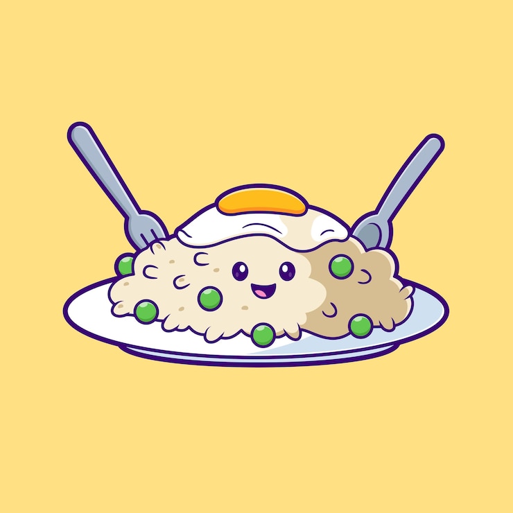 無料Vector 卵とエンドウ豆の可愛いフライドライス 漫画ベクトルアイコン イラスト 食品 オブジェクト アイコン 孤立したフラット