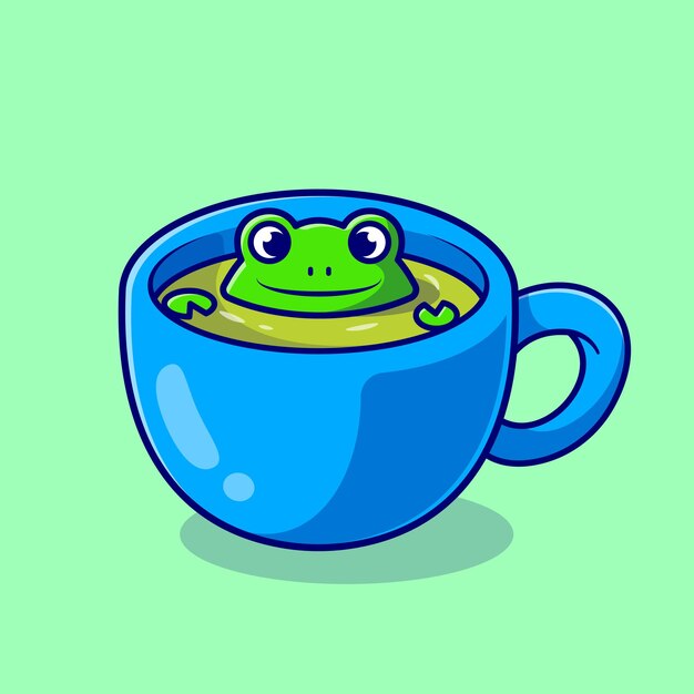 Милая лягушка в зеленом чае мультяшныйа вектор значок иллюстрации. Концепция животных напиток значок изолированные Premium векторы. Плоский мультяшном стиле