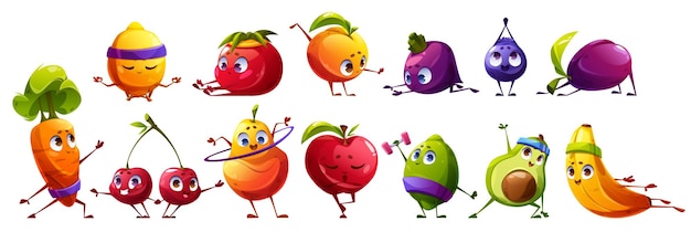 Free vector cute fruit character exercise vector illustration funny food healthy yoga workout icon set strong lime zen lemon pilates berry and stretch beet isolated comic pose nutrition fitness clipart