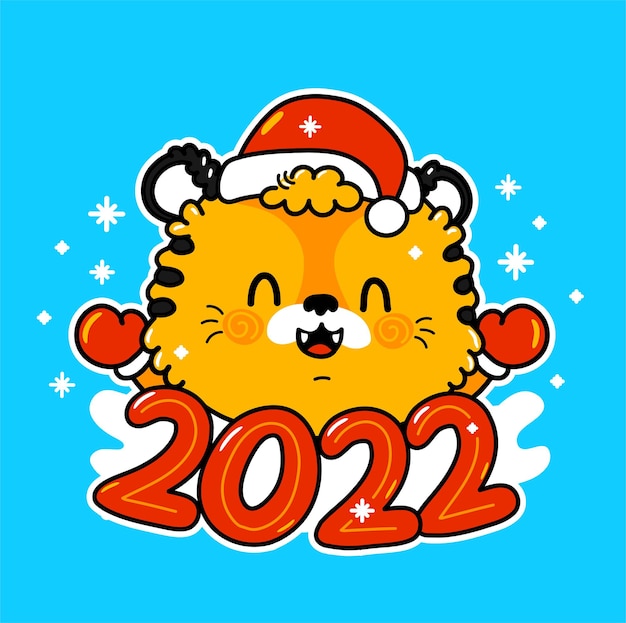 Cute funny 2022 new year symbol tiger in christmas cap character