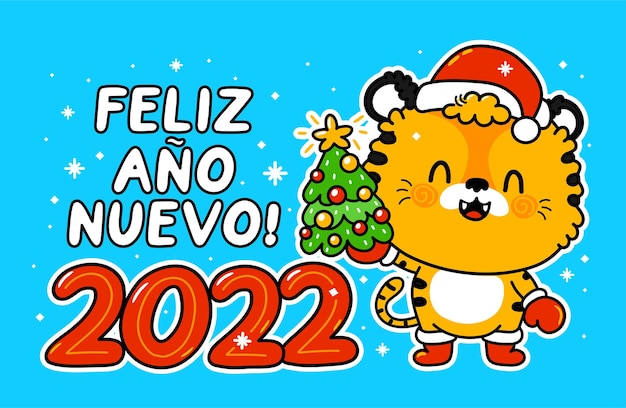 Cute funny 2022 new year symbol tiger in christmas cap character