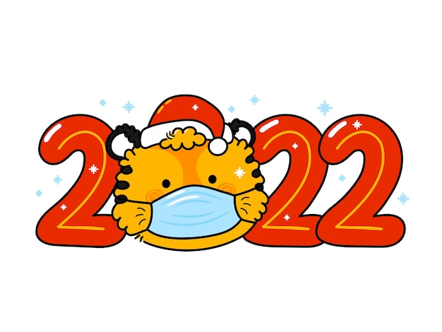 Cute funny 2022 new year symbol tiger in christmas cap and mask