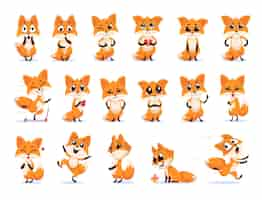 Free vector cute funny emotional fox set. cartoon illustration