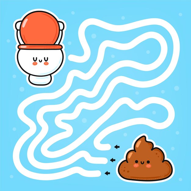 かわいい面白い迷路迷路ゲーム うんちがトイレットペーパーのロールを見つけるのを手伝ってください 子供のための迷路ゲーム迷路 ベクトルフラットライン漫画 かわいいキャラクターイラストアイコン プレミアムベクター