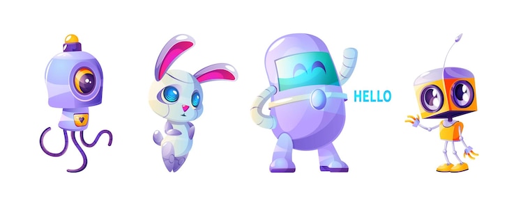 Free Vector cute futuristic ai robot character cartoon illustration set vector artificial intelligent isolated mascot group and friendly companion in yellow and purple smart chatbot mechanism waving concept