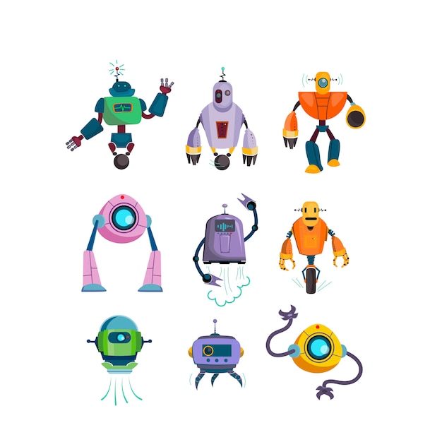 Cute futuristic robots flat icon set
