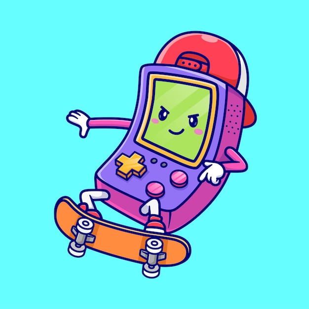 Cute Game Controller Playing Skaterboard Cartoon Vector Icon Illustration Technology Sport Icon