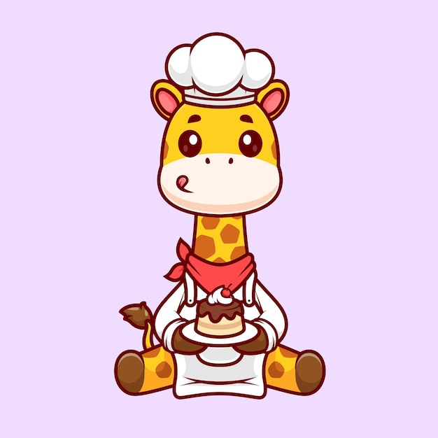 Cute giraffe chef cooking cake cartoon vector icon illustration animal food icon concept isolated