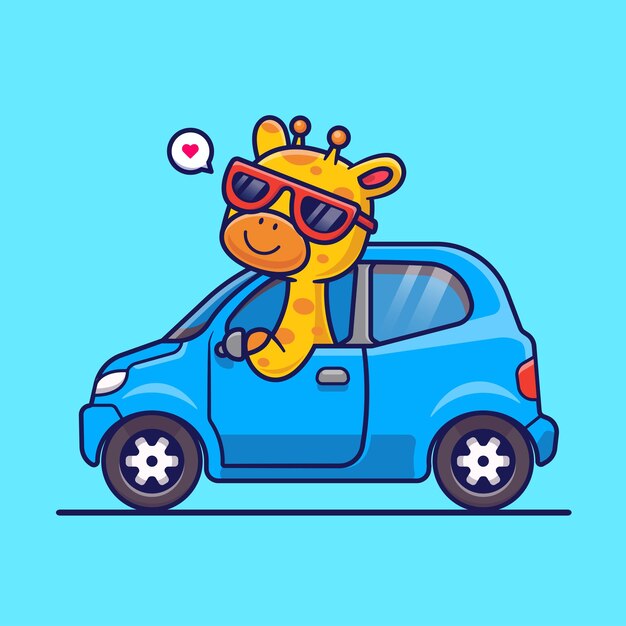Милый жираф за рулем автомобиля мультяшный вектор значок иллюстрации. Изолированная плоская икона для перевозки животных