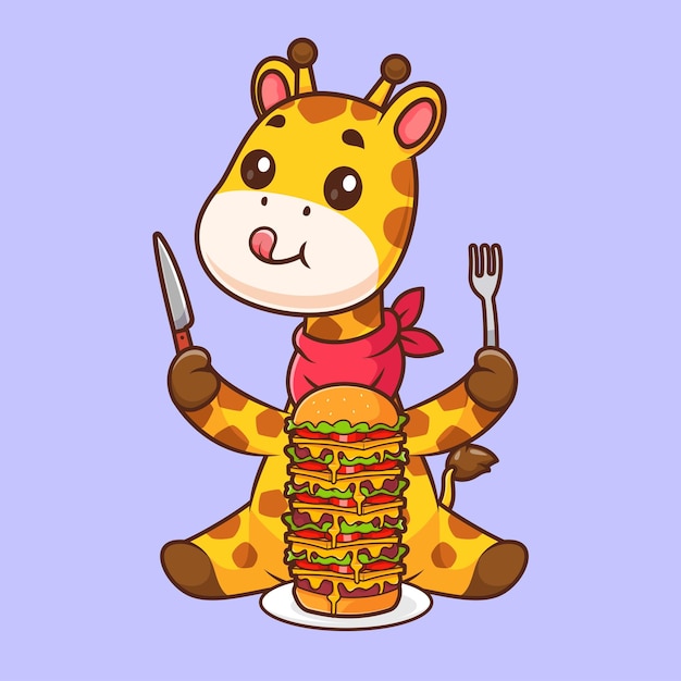 Free vector cute giraffe eating burger with spoon and knife cartoon vector icon illustration animal food flat