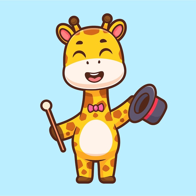 Free Vector cute giraffe magician holding magic wand and hat cartoon vector icon illustration animal holiday