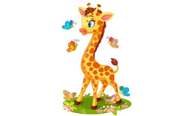 Cute giraffe playing with butterflies