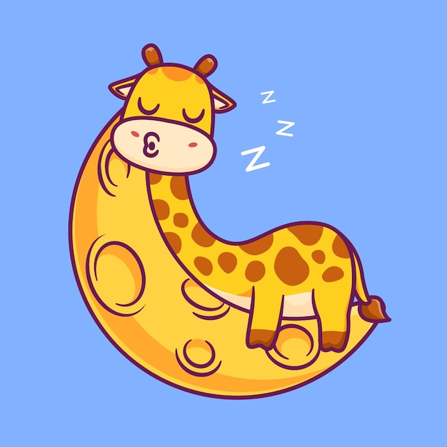 免费矢量可爱的长颈鹿睡在月亮卡通图标说明动物自然图标孤立的概念