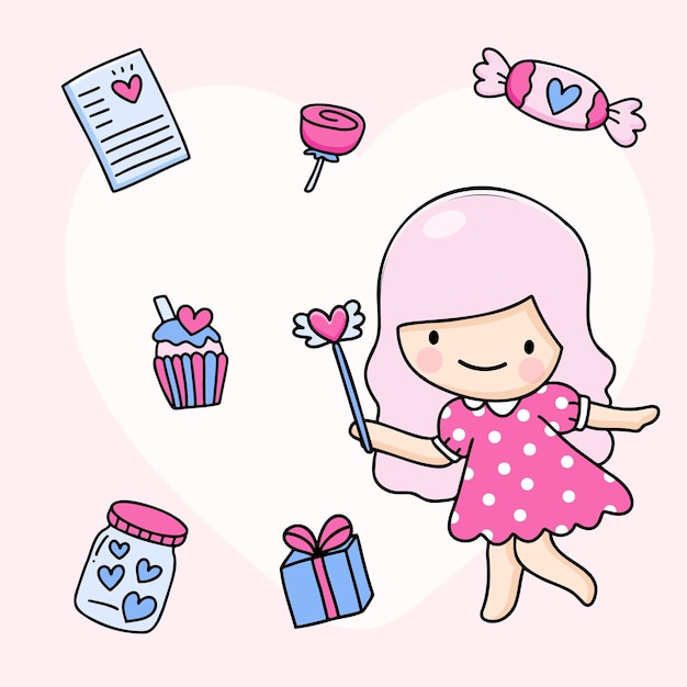 Cute girl and accessories drawing cartoon style young couple for valentines card with text cartoon character flat design vector illustration