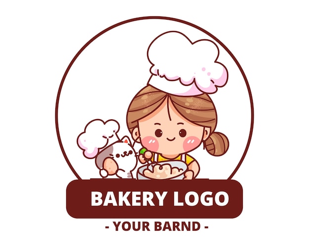 Cute girl bakery logo homemade bakery shop hand drawn cartoon art illustration