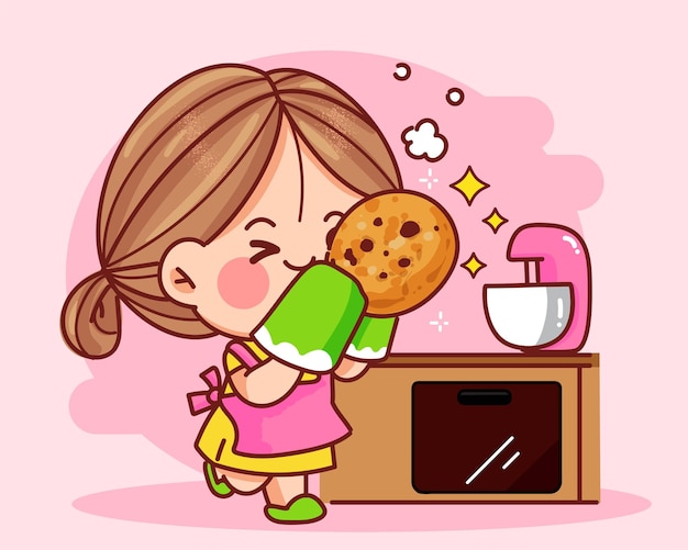 Cute girl baking cookies in kitchen hand drawn cartoon art illustration