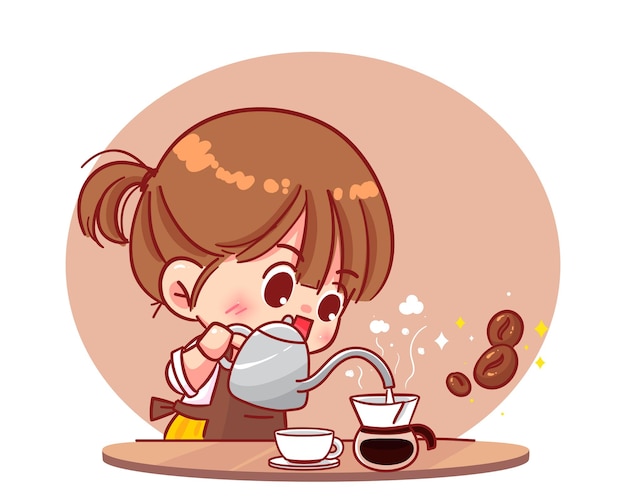 무료 벡터 귀여운 소녀 바리 스타 만드는 커피 수동 양조 드립 커피 및 액세서리 만화 예술 그림