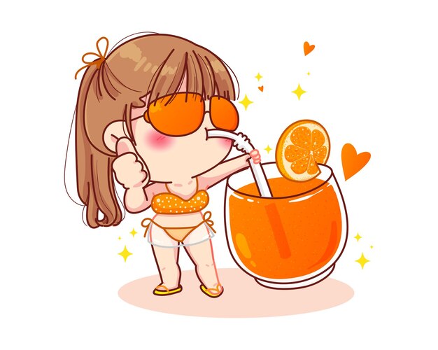 Cute girl in bikini standing and sucking on orange juice cartoon illustration
