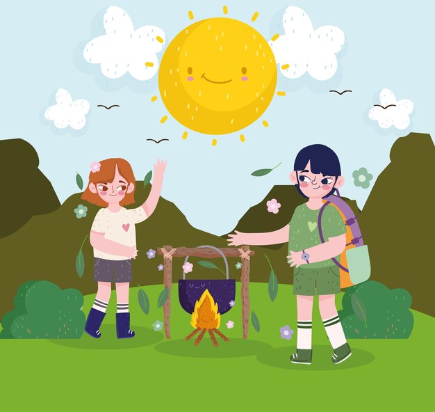 Download Premium Vector | Cute girl and boy camping