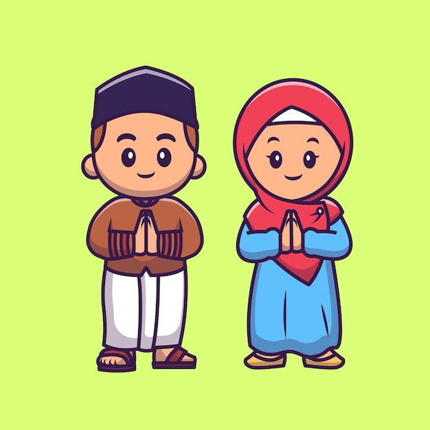 귀여운 소녀와 소년 이슬람교도 Eid 무바라크 만화 벡터 아이콘 그림을 축하합니다. 사람들이 종교 아이콘 개념 절연 프리미엄 벡터입니다. 플랫 만화 스타일