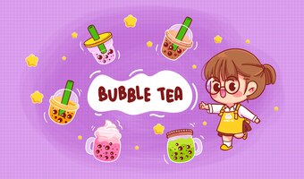 Cute girl and bubble milk tea logo cartoon art illustration