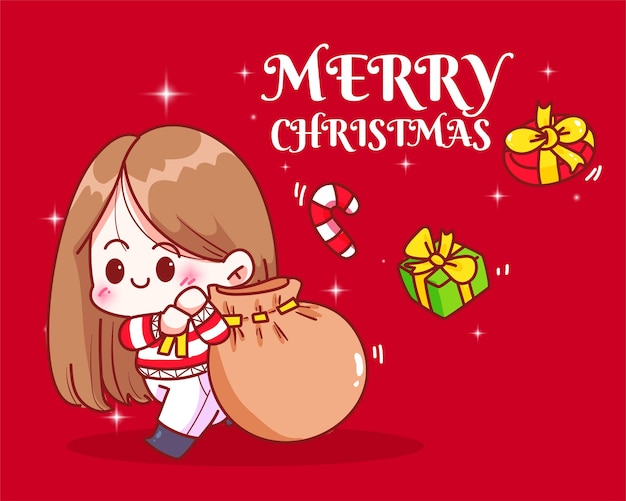クリスマスの休日のお祝いの手描きの漫画アートイラストにプレゼント袋を運ぶかわいい女の子