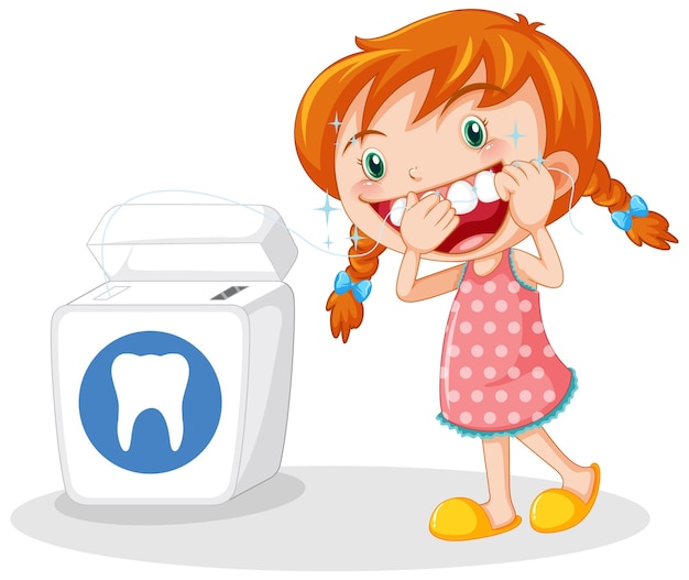 Free vector cute girl cartoon character flossing teeth