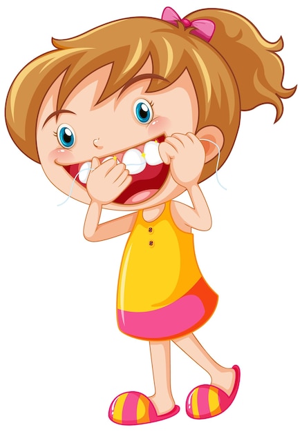 Cute girl cartoon character flossing teeth