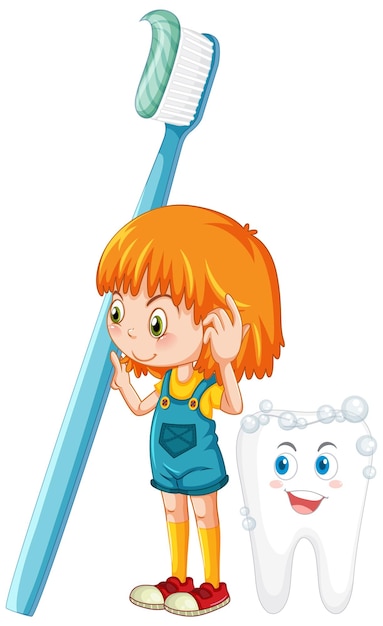 Cute girl cartoon character holding toothbrush