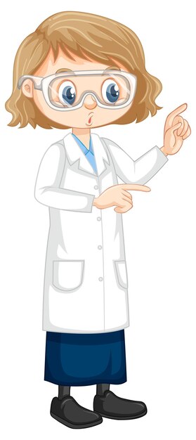 科学実験室のコートを着ているかわいい女の子の漫画のキャラクター