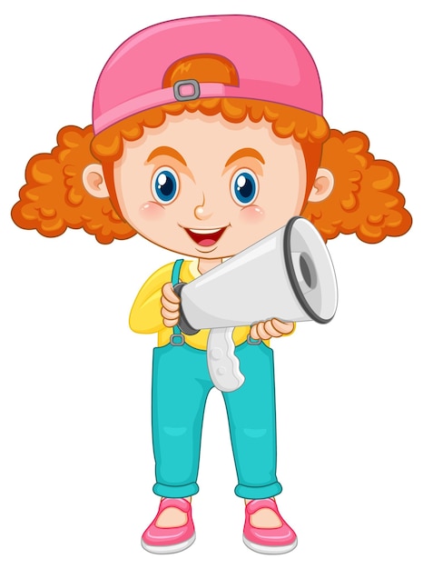 Cute girl cartoon character with curly pigtail hair holding mega