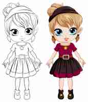 Free vector cute girl cartoonl and its doodle coloring character