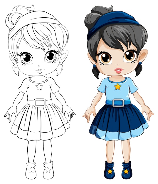 Free vector cute girl cartoonl and its doodle coloring character