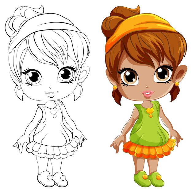 귀여운 소녀 cartoonl 및 그것의 낙서 색칠 캐릭터