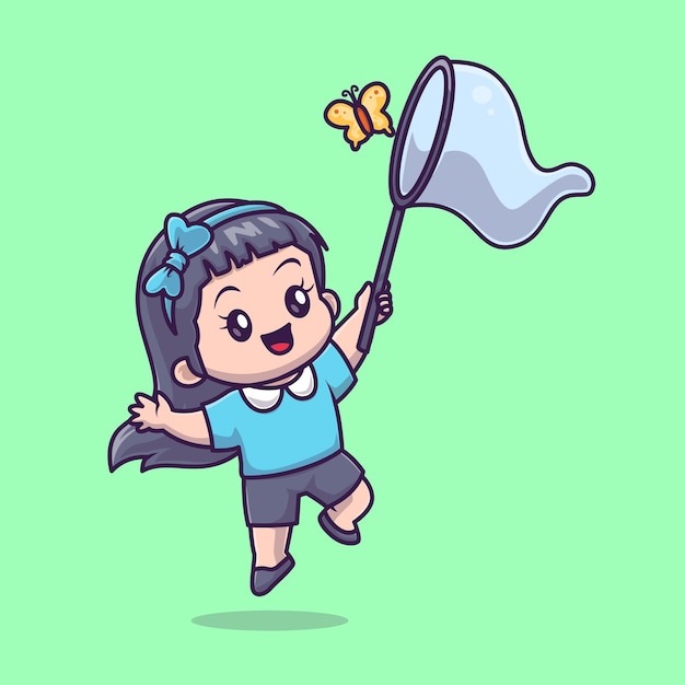 Cute Girl Catching Butterfly With Fishing Net Cartoon Vector Icon Illustration. People Animal Icon