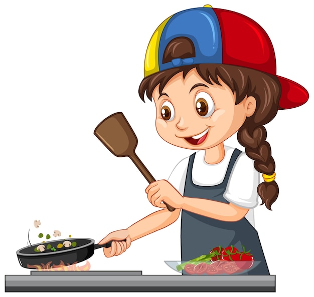 Free vector cute girl character wearing cap cooking food