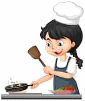 Free vector cute girl character wearing chef hat cooking food