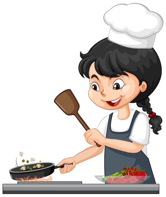 Симпатичная девушка персонаж в шляпе шеф-повара готовит еду